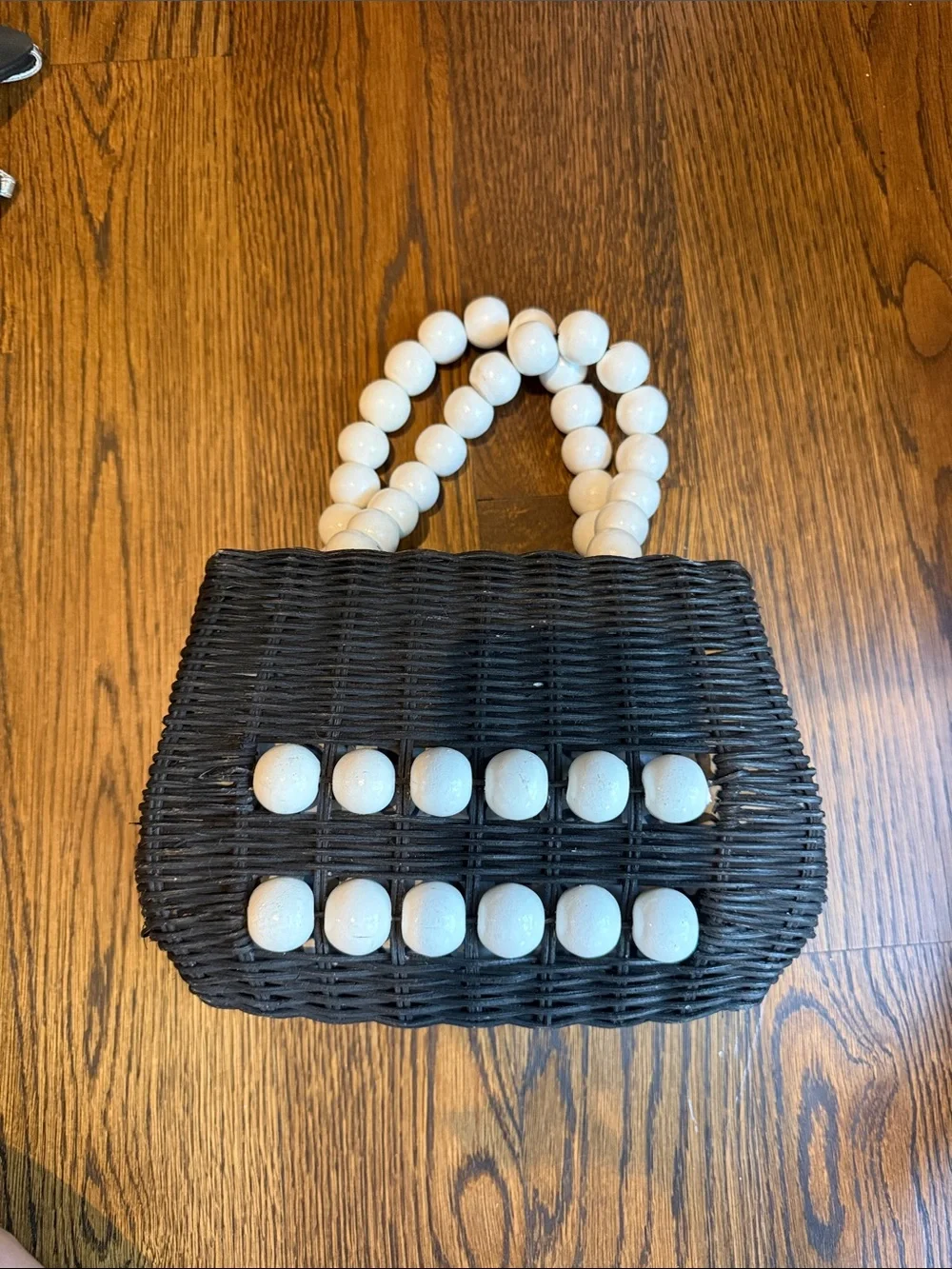 Anthropologie Black Woven Tote with White Beaded Handles